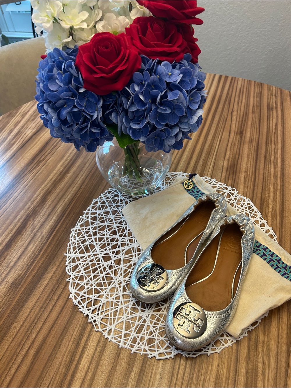 Tory Burch Silver Metallic Logo Ballet Flats